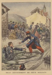 Zwei Soldaten retten eine Gruppe von Kindern, die durch das Eis eines zugefrorenen Teichs eingebrochen sind